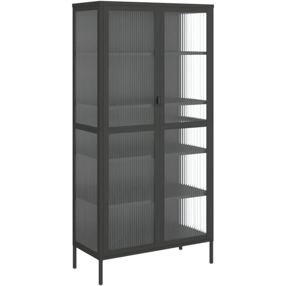 Hochschrank aus Metall und Glas mit Hoehenverstellung