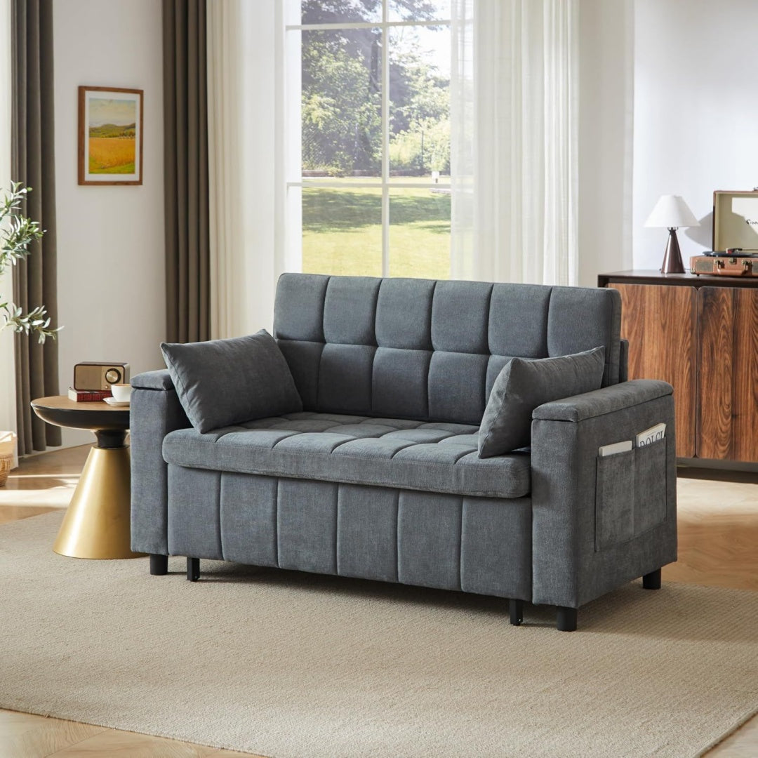 Eine ausziehbare Konstruktion und ein Metallgestell an dem Sofa