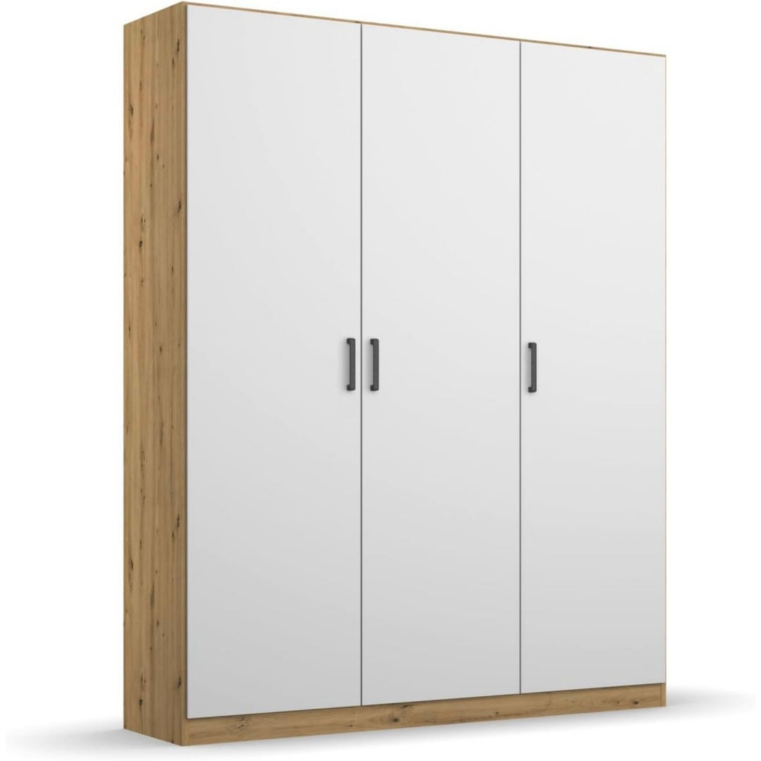 Die Gestaltung von dem Kleiderschrank wird durch Holzwerkstoff gepraegt