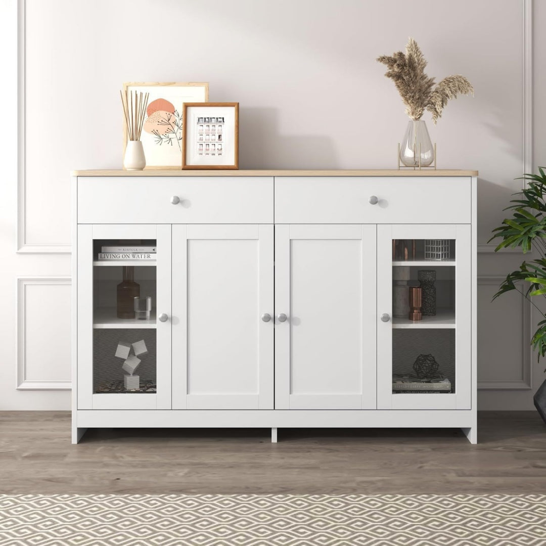 Sideboard mit Glastueren, Holzoptik und Schubladen